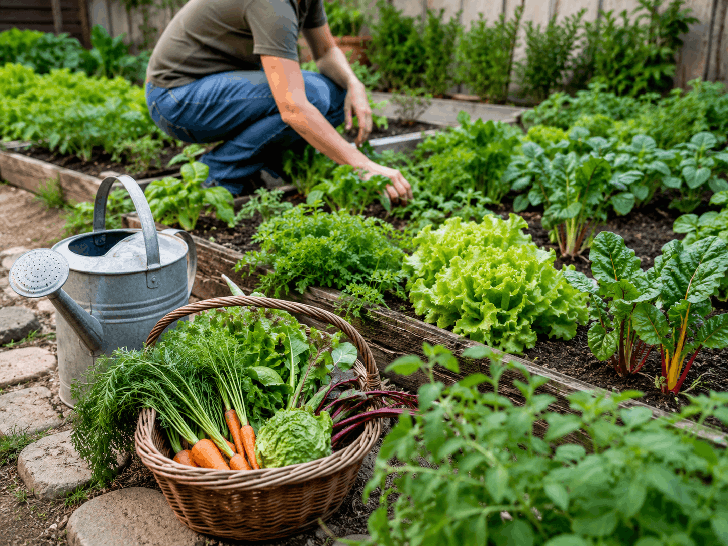 Selbstversorger Garten während einer kurzen Gartenroutine mit Gießkanne und Erntekorb