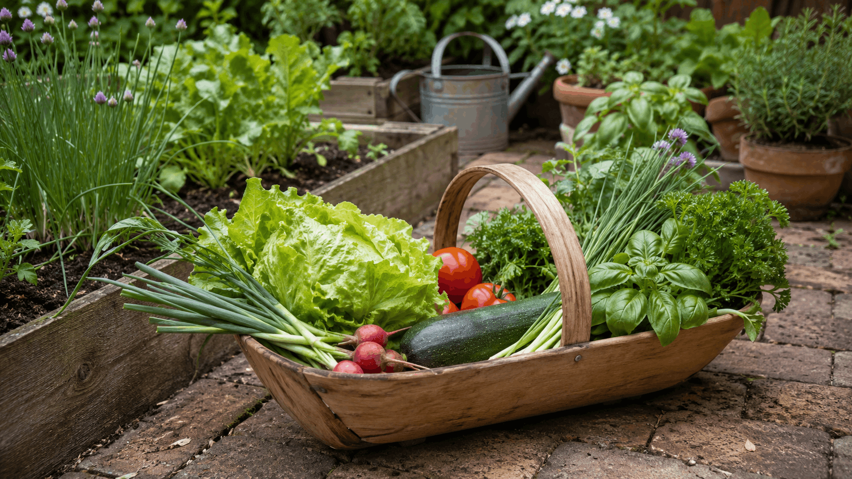 Selbstversorger Garten mit kleiner alltagstauglicher Ernte aus Kräutern und Gemüse