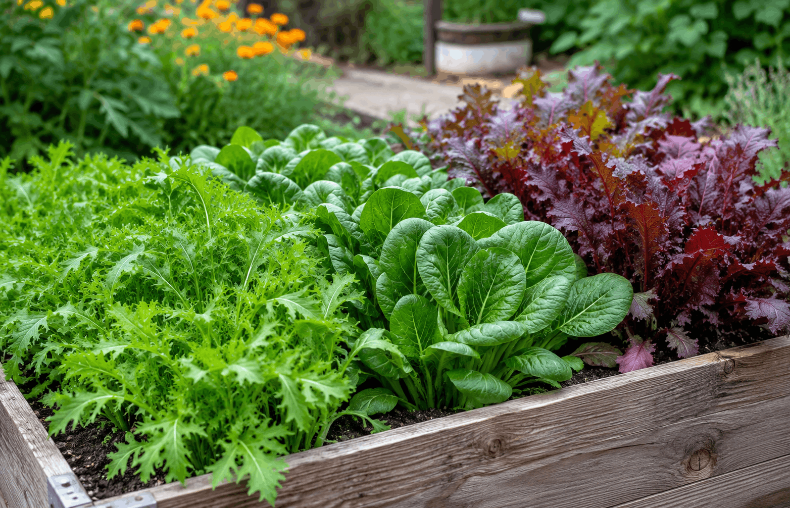 Asia-Salat anbauen mit Mizuna, Tatsoi und rotem Blattsenf im Hochbeet