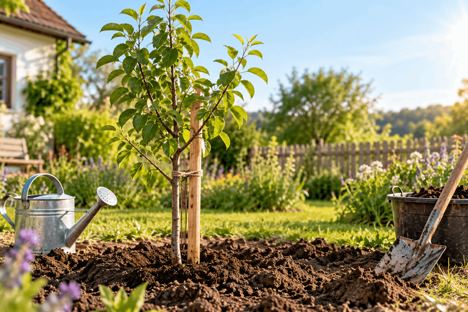 Birnbaum pflanzen — junger Birnbaum an einem sonnigen Standort im Garten