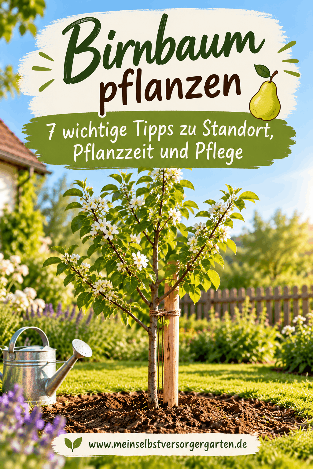 Birnbaum pflanzen — junger Birnbaum im Garten mit Platz für Pinterest Text