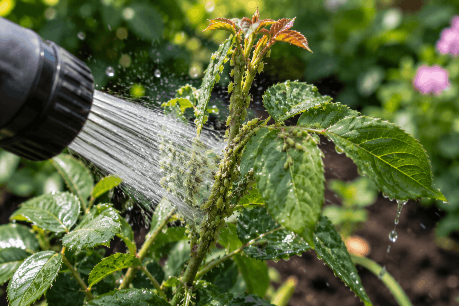 Blattläuse bekämpfen — befallene Pflanze vorsichtig mit Wasser abbrausen