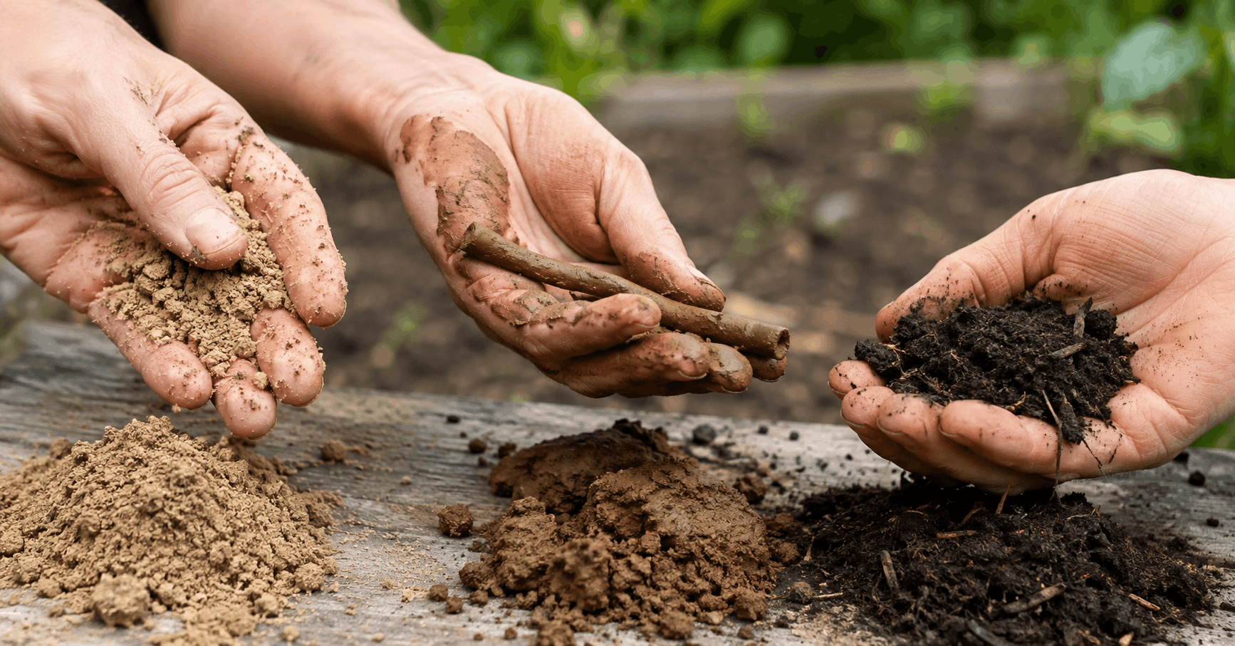 Bodenarten – Fingerprobe mit Sandboden, Lehmboden und humusreicher Gartenerde