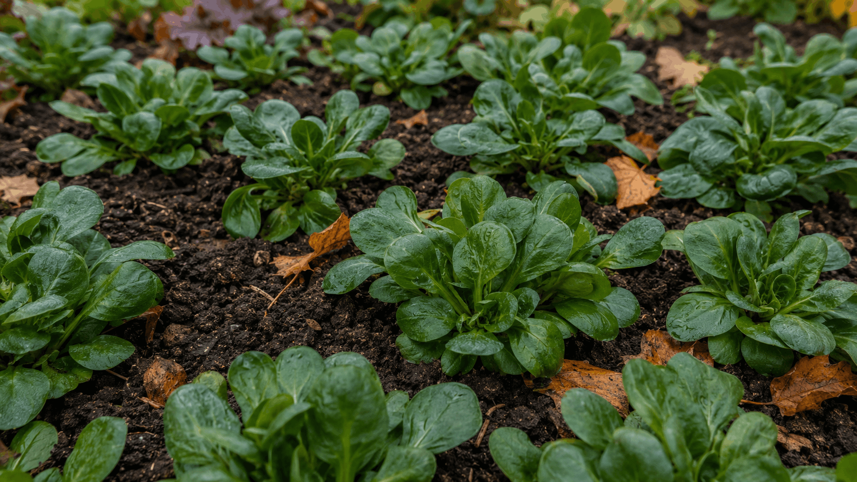 Feldsalat pflanzen – erntereife dunkelgrüne Rosetten im herbstlichen Gemüsebeet