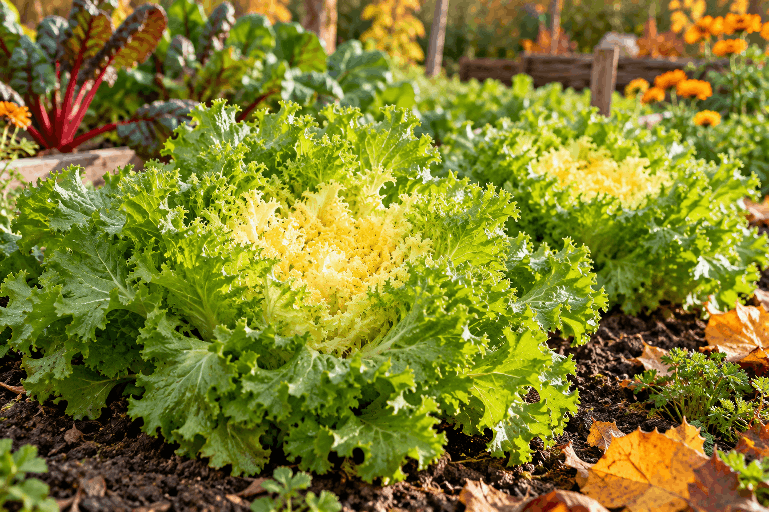 Endivie anbauen — kräftige Endivienköpfe im herbstlichen Gemüsebeet