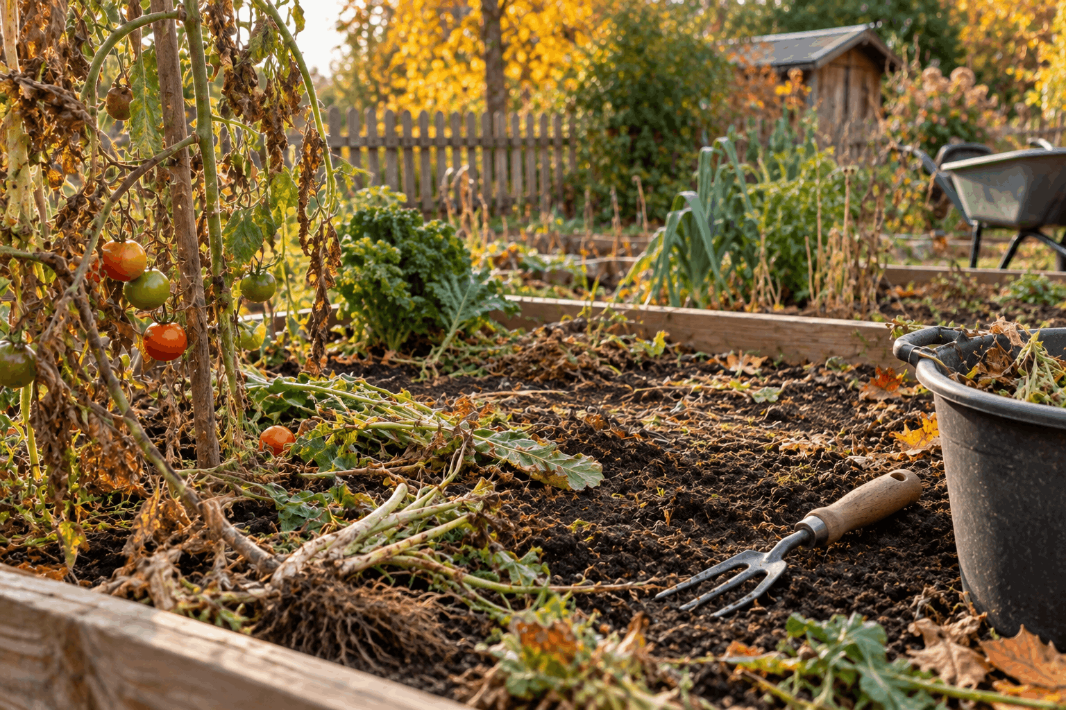 Gemüsebeet im Herbst vorbereiten – abgeerntetes Gemüsebeet mit Pflanzenresten und freiem Boden im Herbst