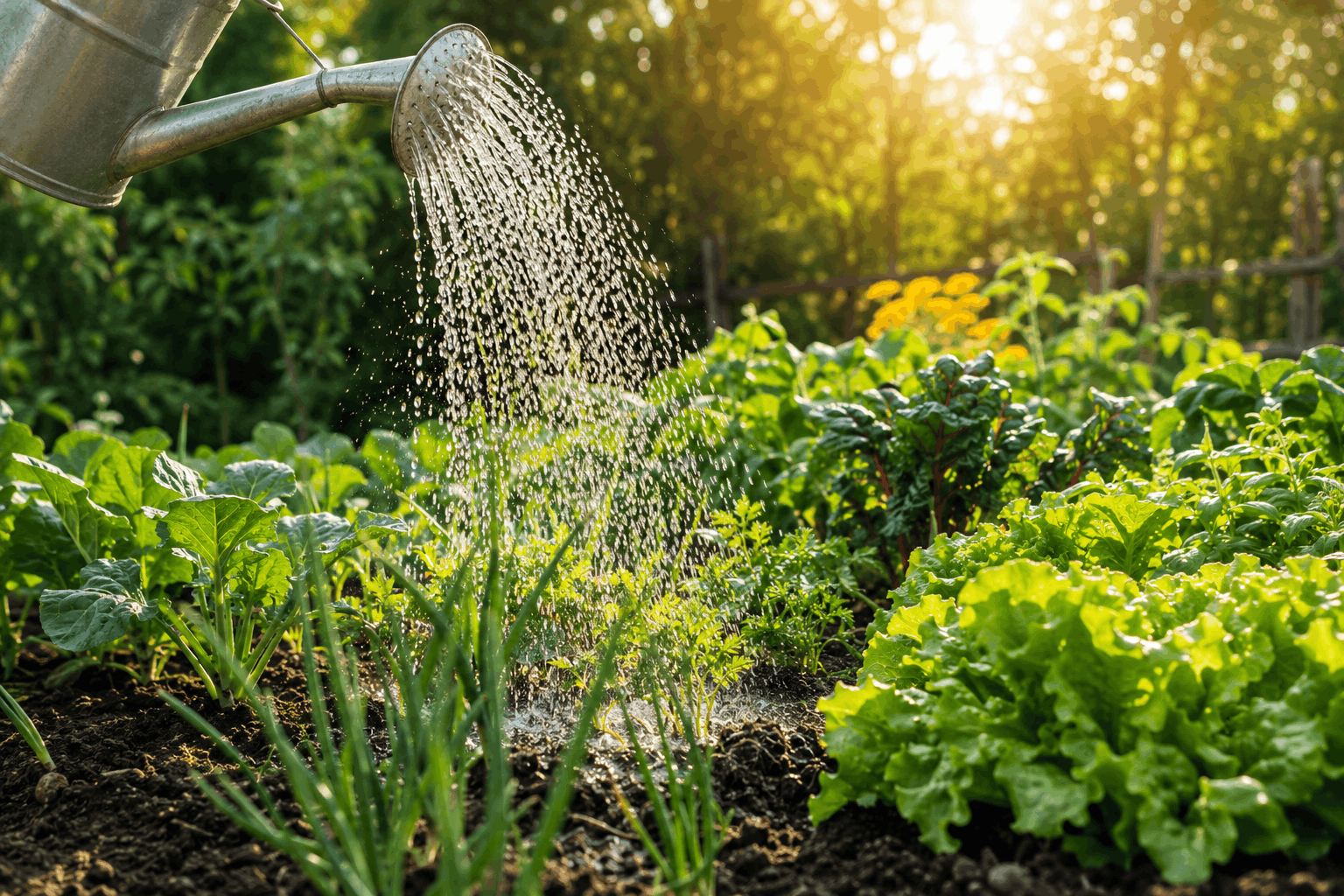 Pflanzen richtig gießen – Gemüsegarten an einem heißen Sommertag