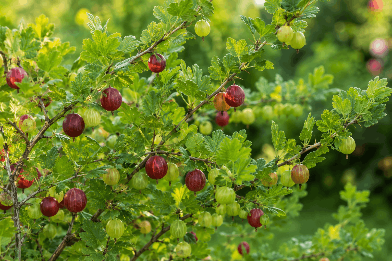 Stachelbeeren pflanzen — reife grüne und rote Stachelbeeren an einem gesunden Strauch