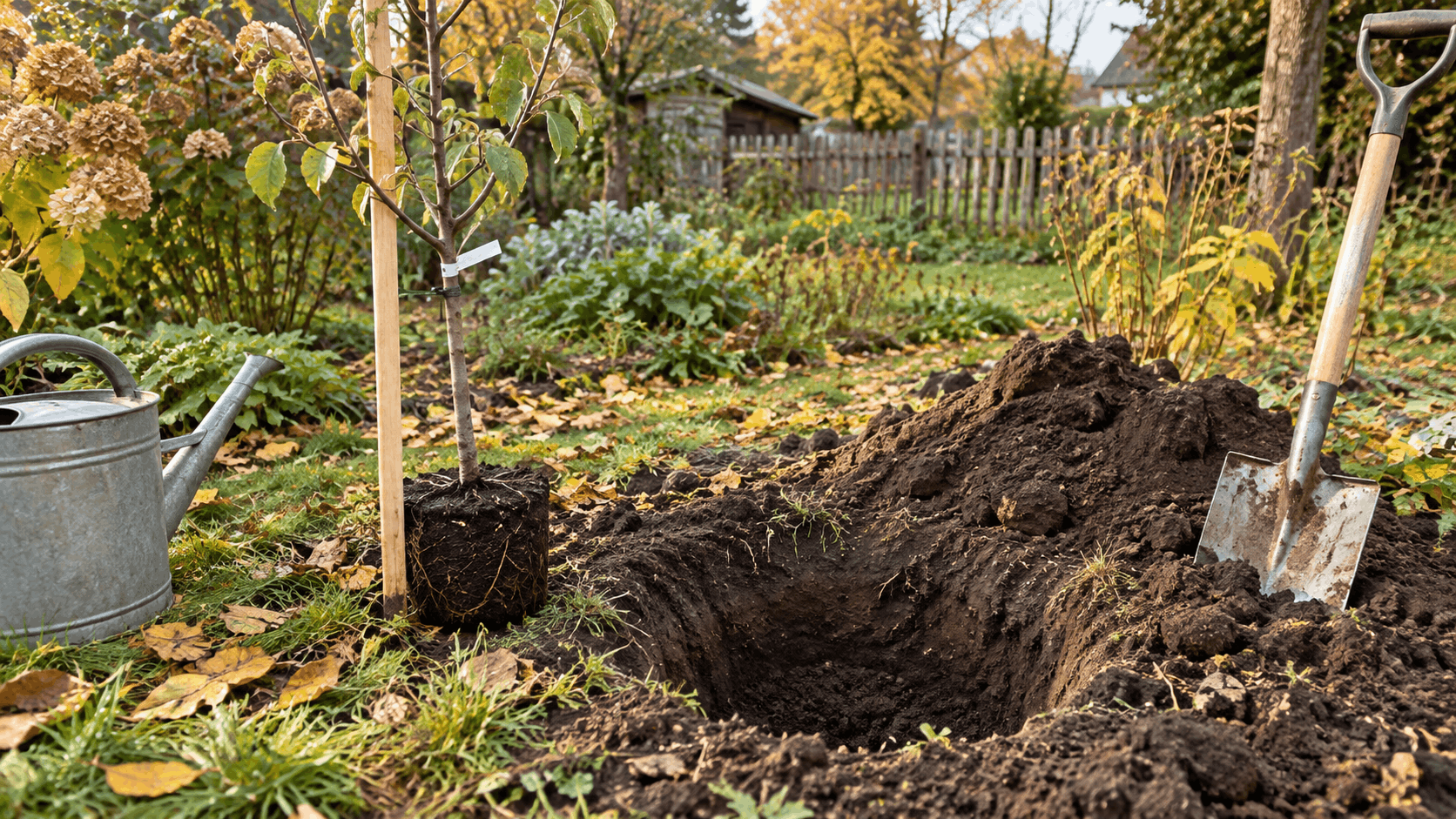 Obstbäume im Herbst pflanzen – vorbereitetes Pflanzloch für einen jungen Obstbaum