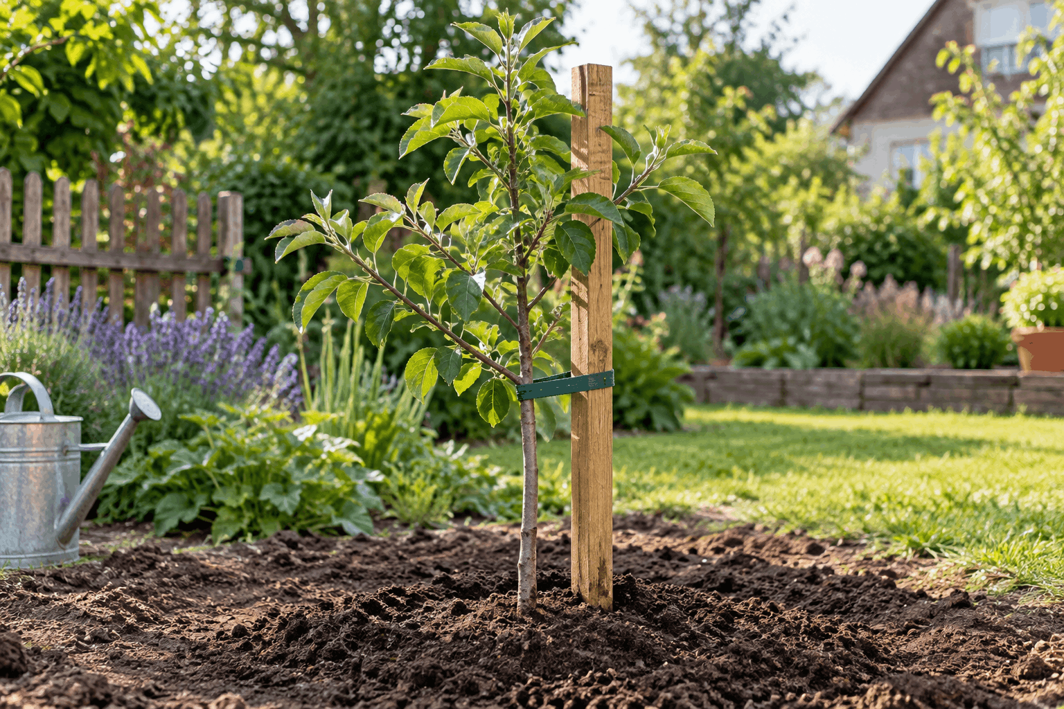 Apfelbaum pflanzen — junger Apfelbaum mit Stützpfahl und geeignetem Baumband