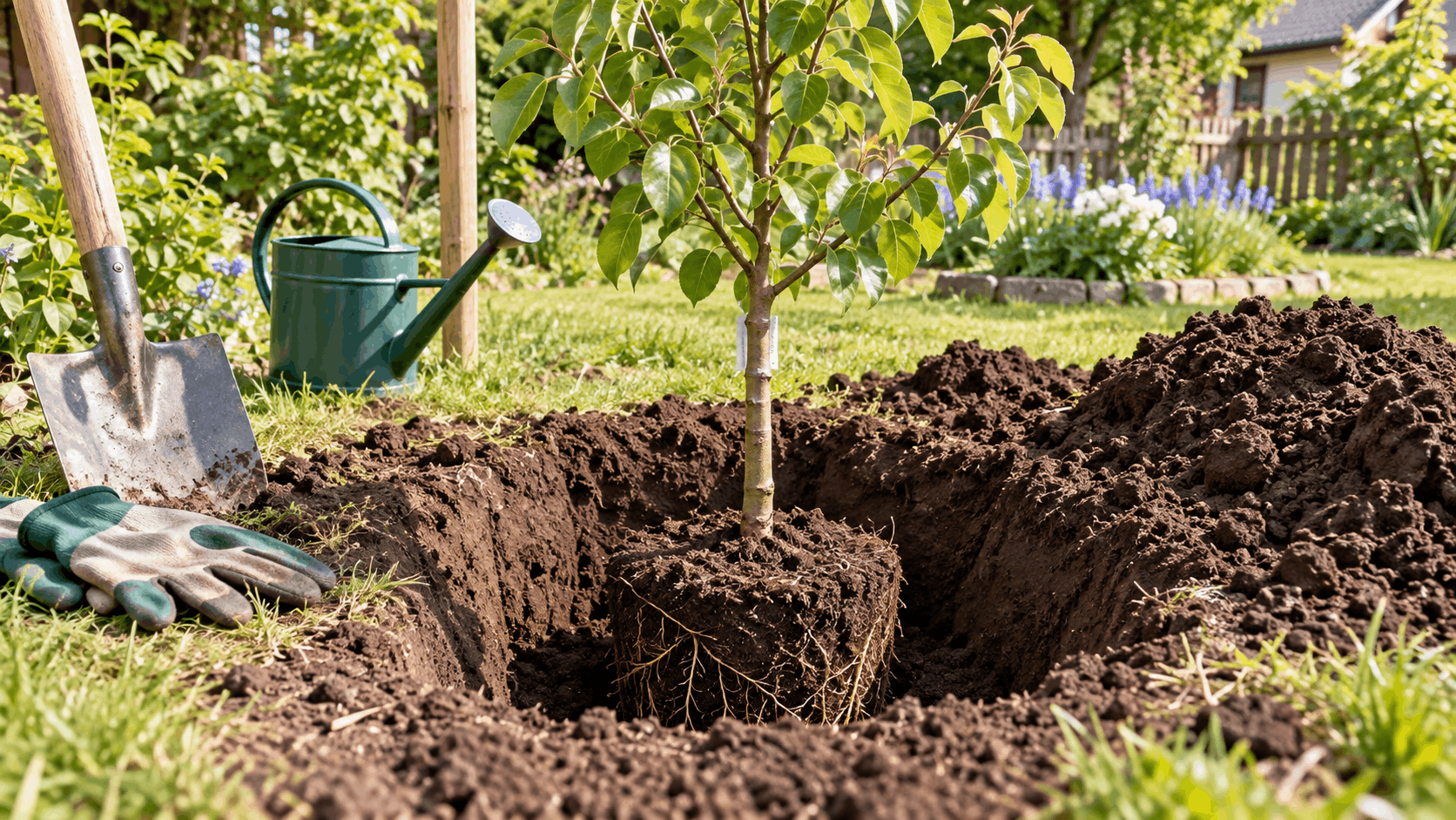 Birnbaum pflanzen — vorbereitetes Pflanzloch für einen jungen Obstbaum