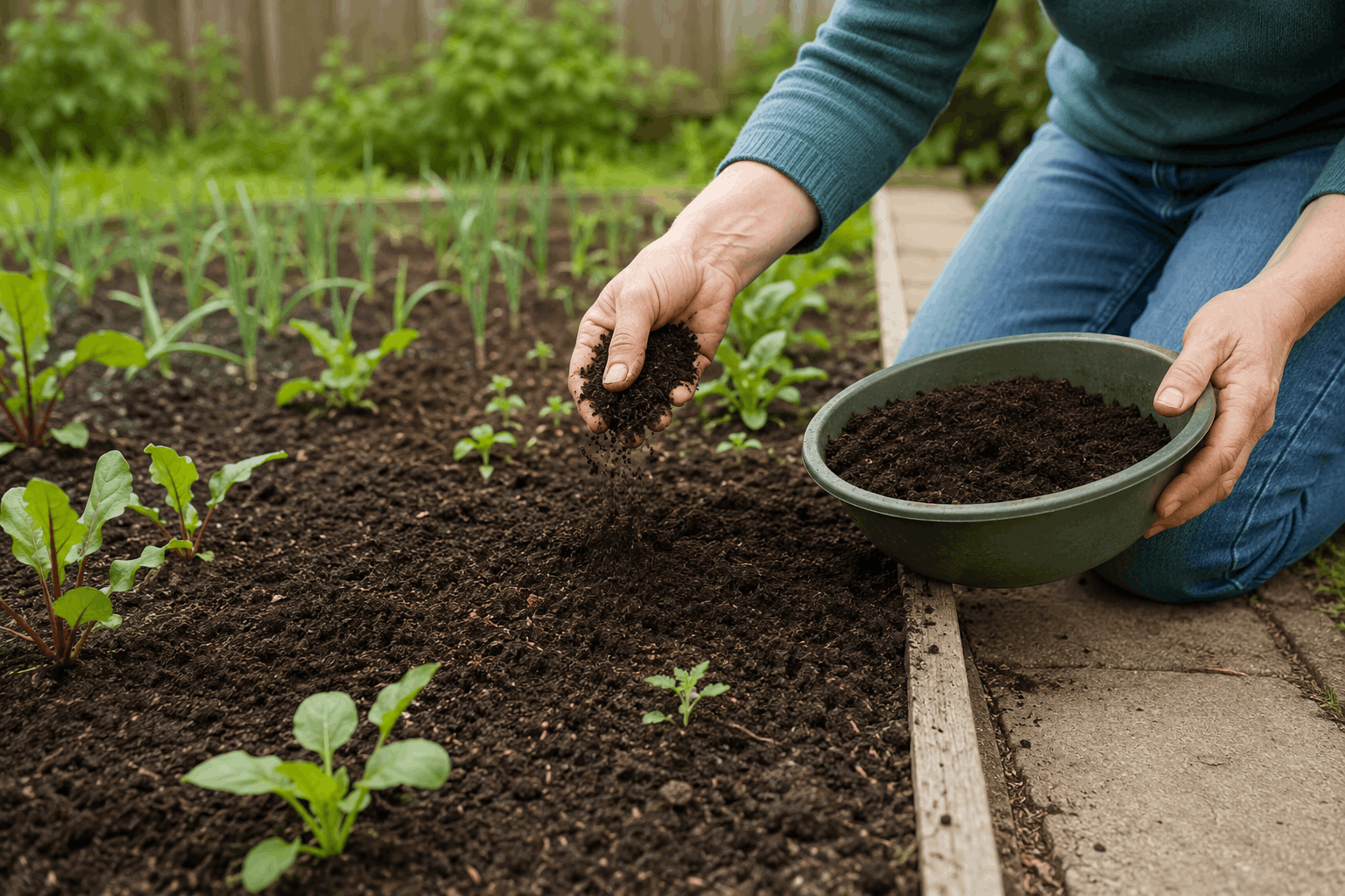 Kompost im Garten – dünne Schicht reifen Komposts auf einem Gemüsebeet verteilen