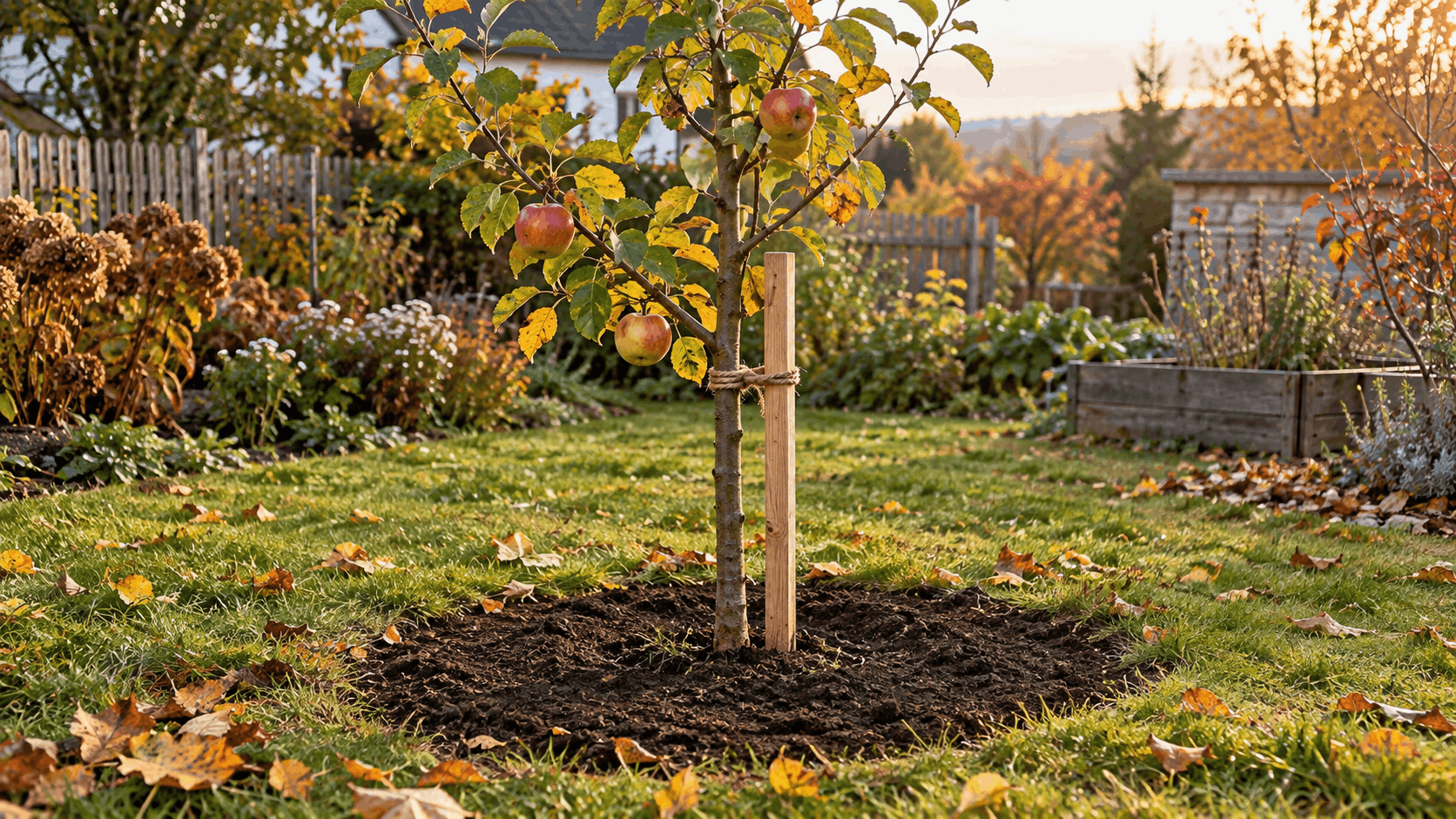 Obstbäume im Herbst pflanzen – junger Apfelbaum bei der Herbstpflanzung im Garten