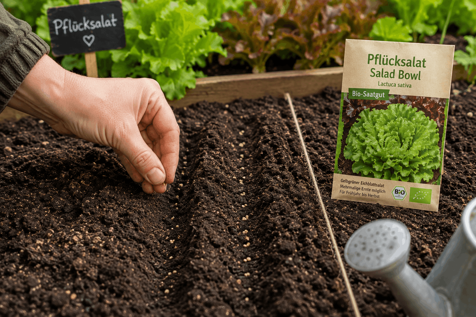 Pflücksalat anbauen — feine Aussaat von Pflücksalat in einer flachen Saatrille