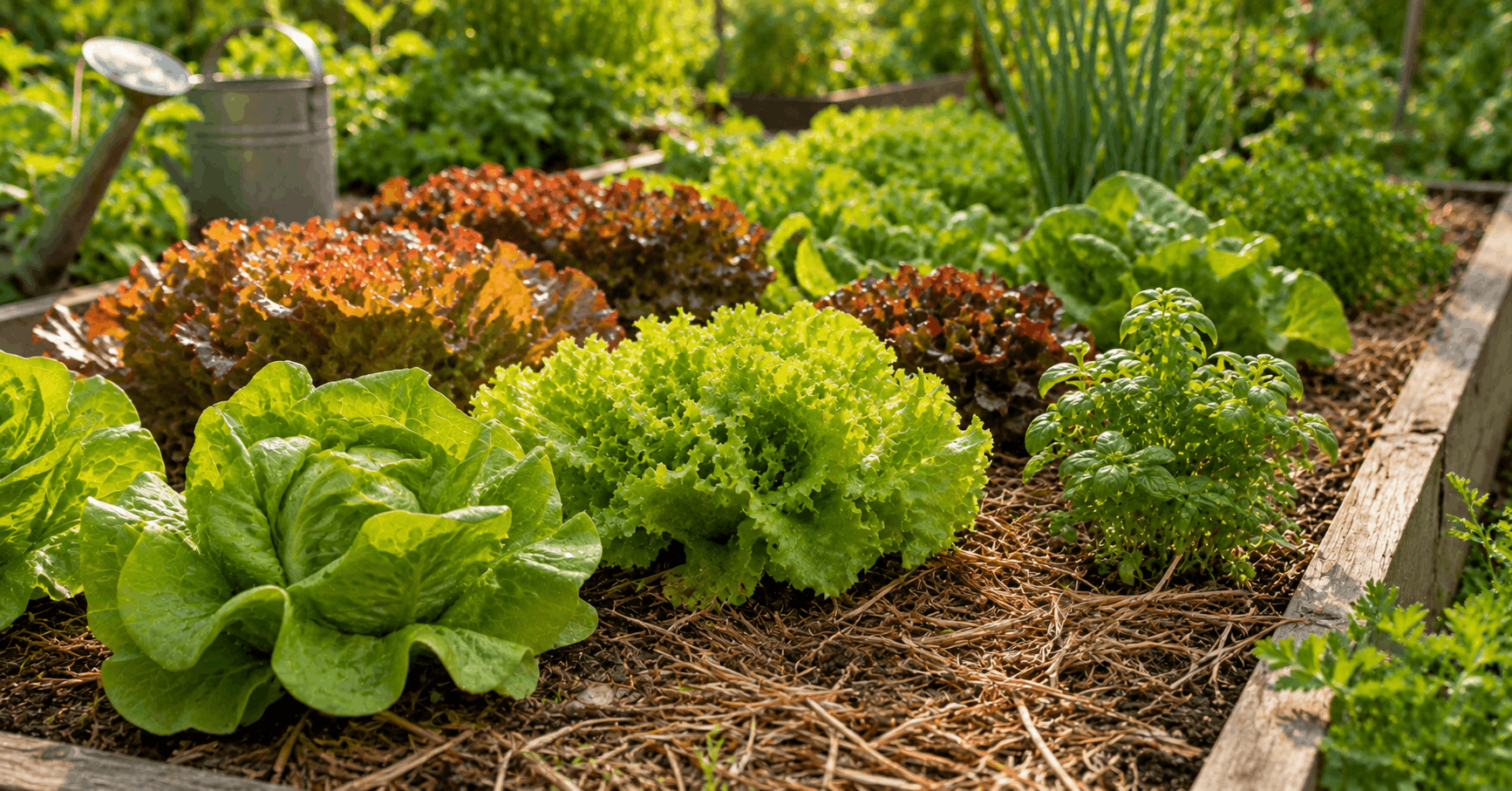 Gemüse anbauen im Juli — Sommersalat und gemulchter Boden im Gemüsegarten