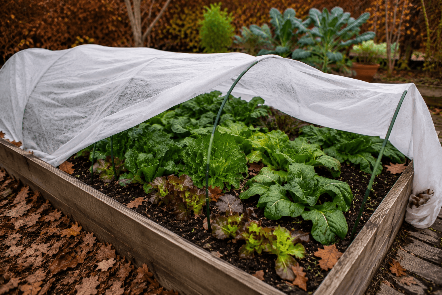 Gemüse anbauen im November — Wintergemüse im Beet unter schützendem Gartenvlies