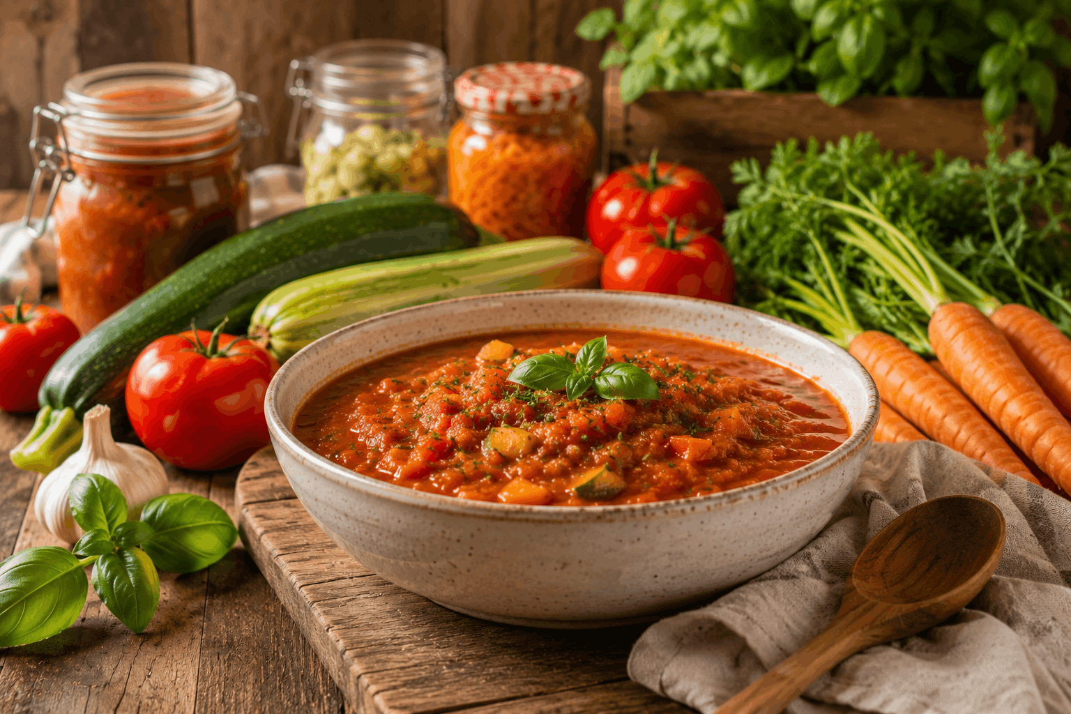 Gemüse ernten — fertige Gemüsesoße aus Tomaten Zucchini und Möhren vom eigenen Garten