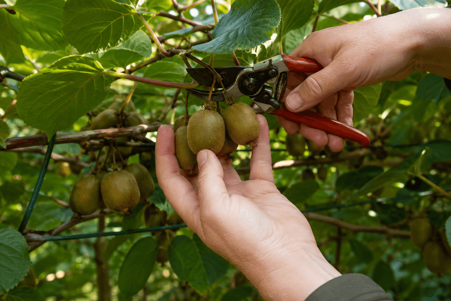 Kiwi pflanzen — Kiwibeeren beim Schneiden und behutsamen Ernten