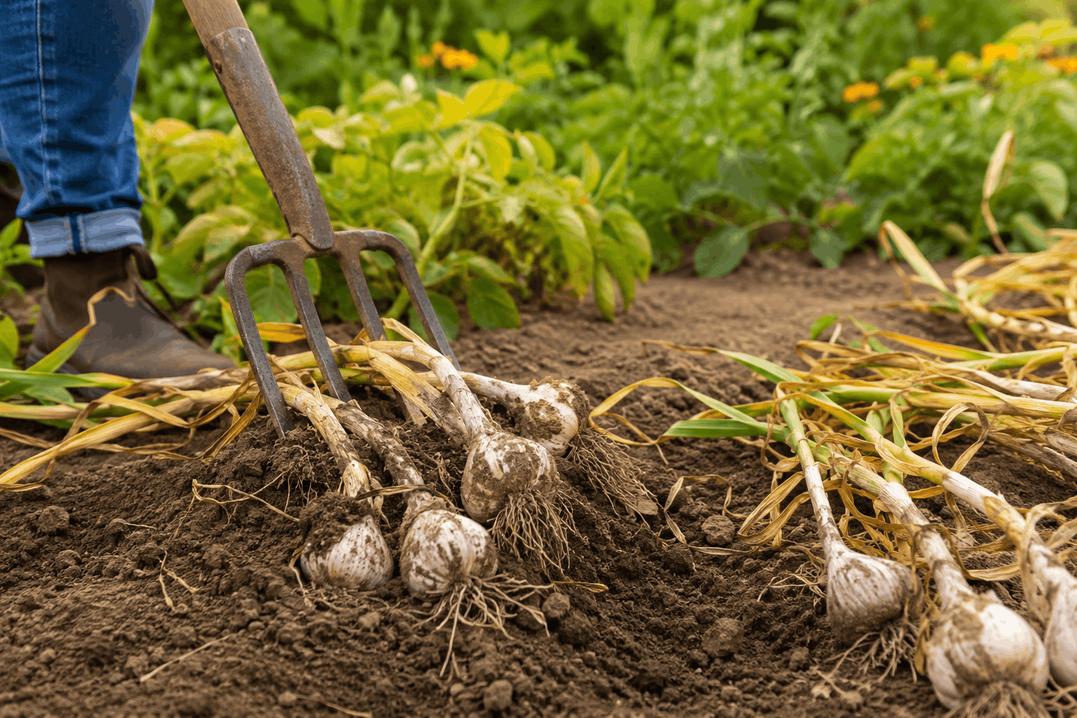 Knoblauch pflanzen und erntereife Knollen vorsichtig mit der Grabegabel heben