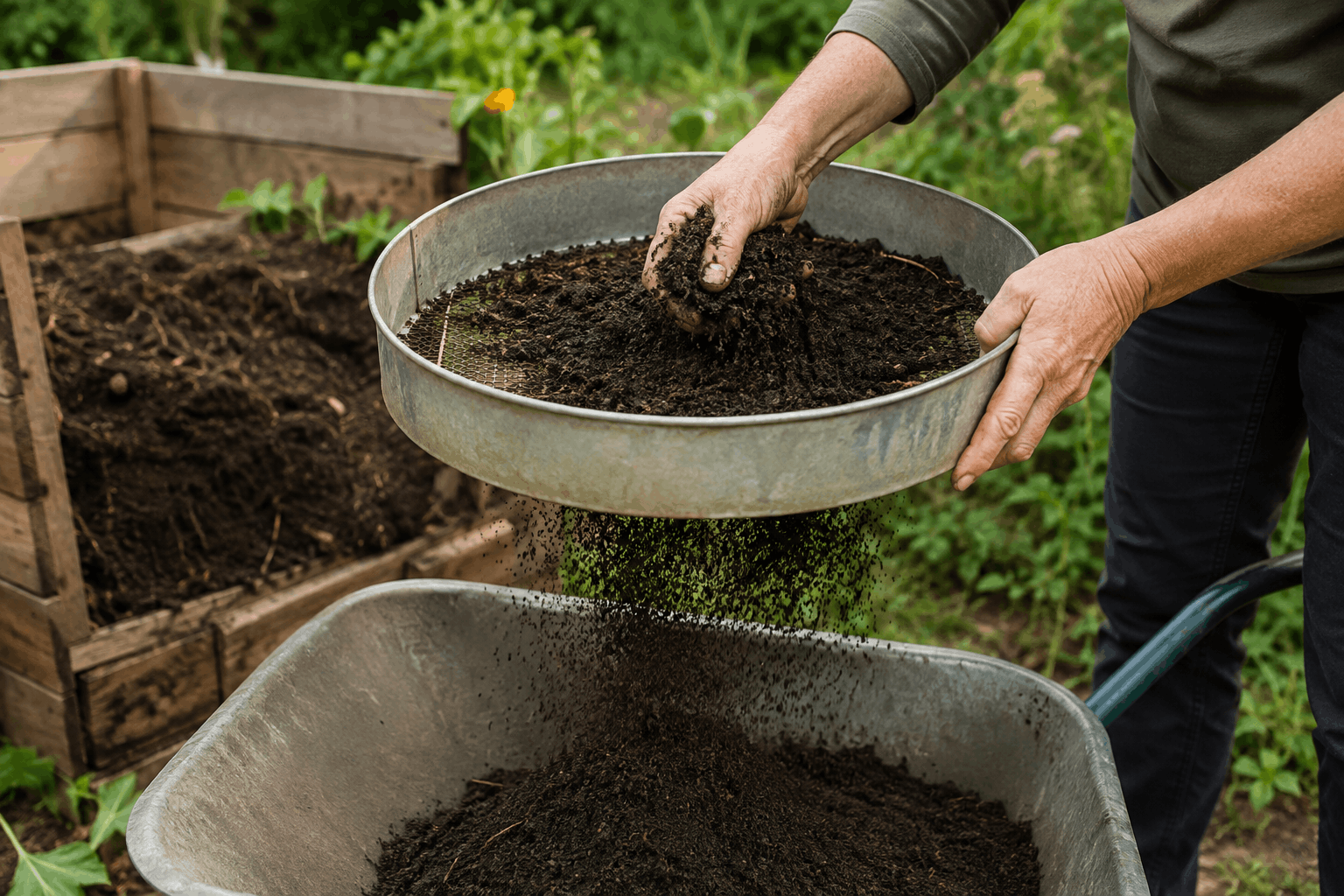 Kompost im Garten – reifer Kompost wird mit einem Durchwurfsieb über der Schubkarre gesiebt