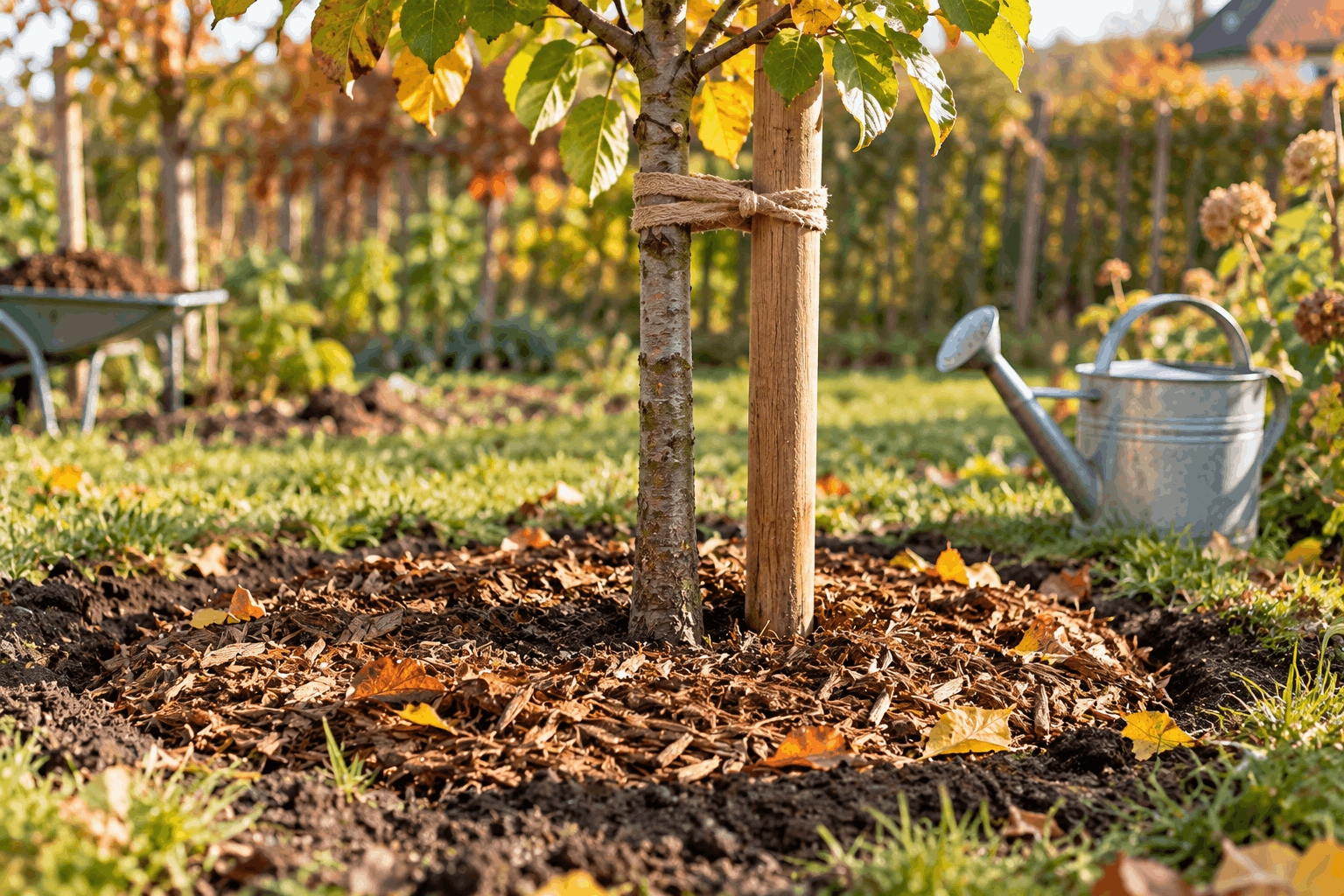 Obstbäume im Herbst pflanzen – Stamm, Stütze und Baumscheibe eines jungen Obstbaums