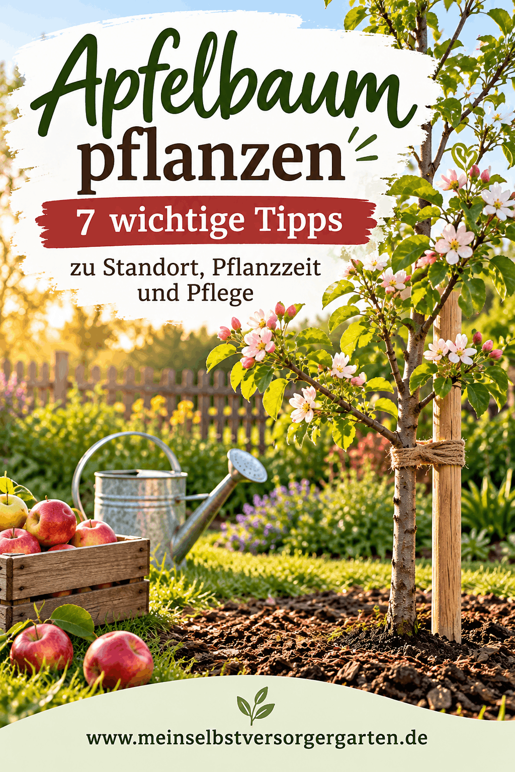 Apfelbaum pflanzen — junger Apfelbaum im Garten mit Platz für Text
