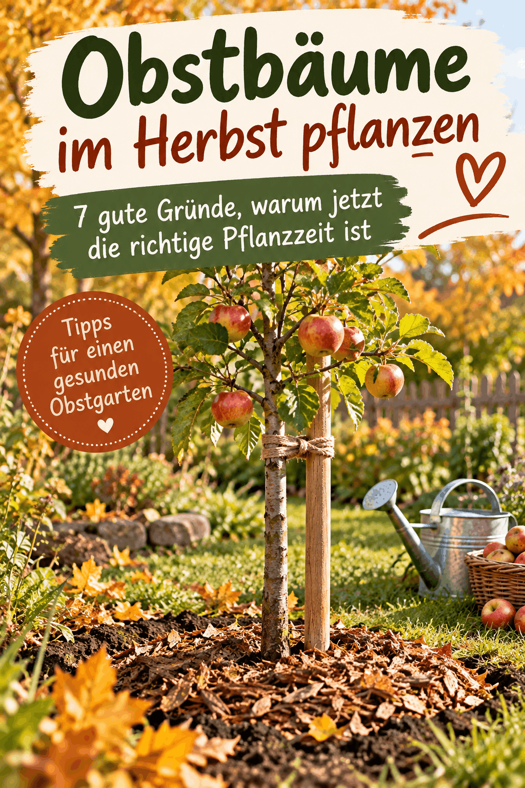 Obstbäume im Herbst pflanzen – junger Obstbaum zwischen Herbstlaub als Pinterest-Motiv