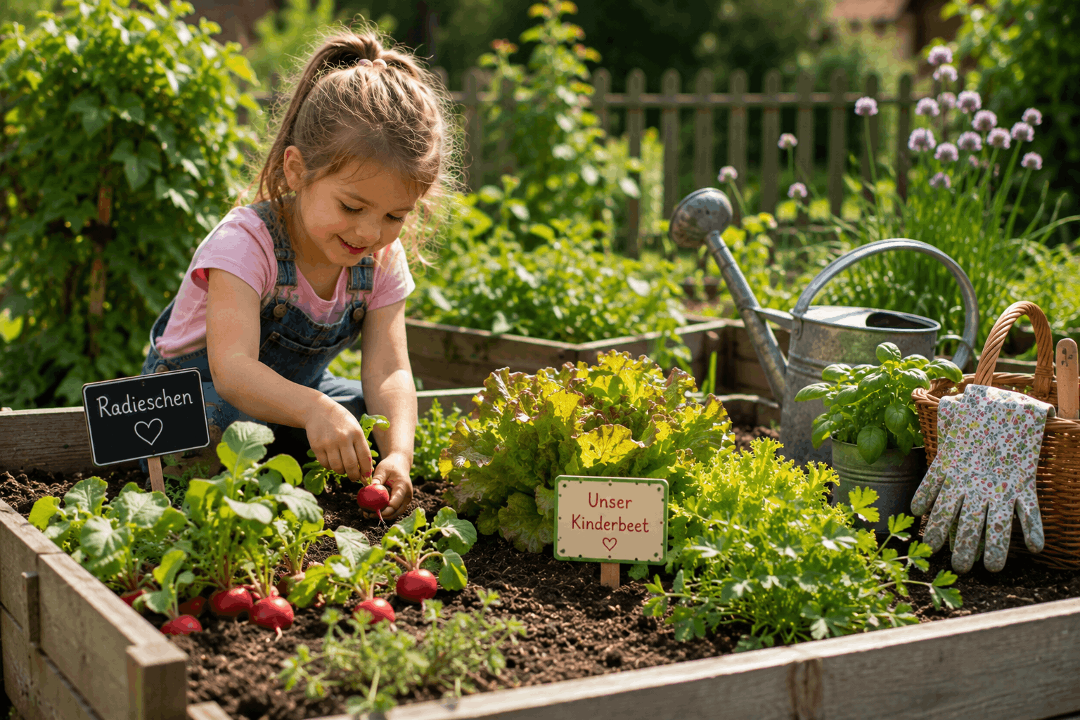 Gärtnern mit Kindern — Radieschen und Salat in einem kleinen Kinderbeet
