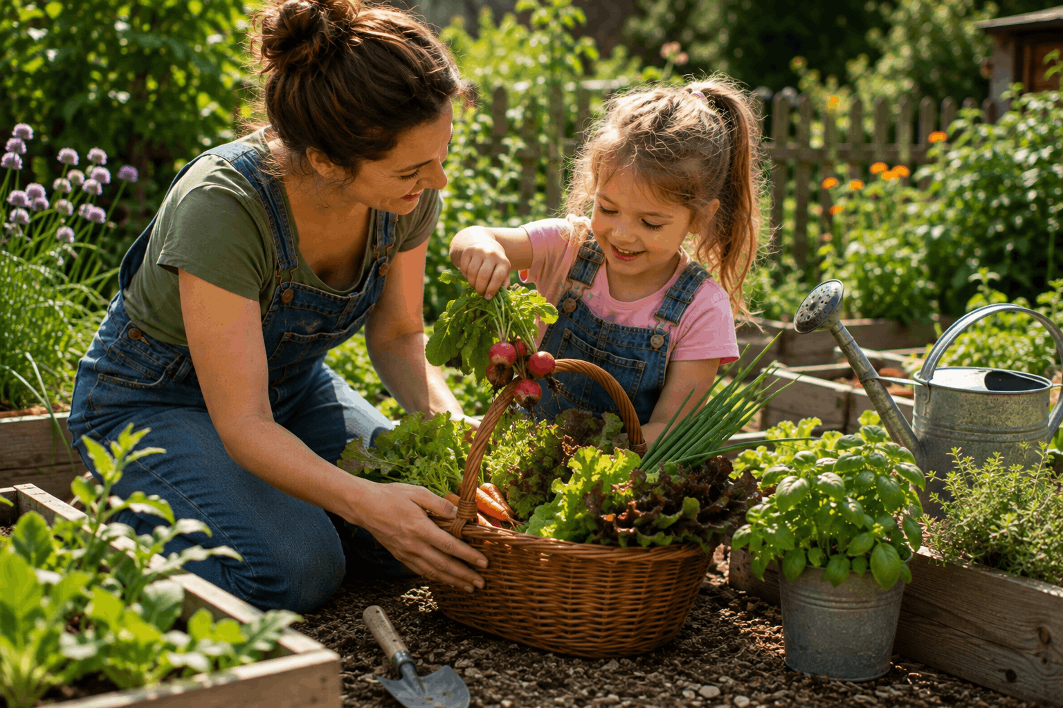 Gärtnern mit Kindern — gemeinsam geerntetes Gemüse aus dem Garten