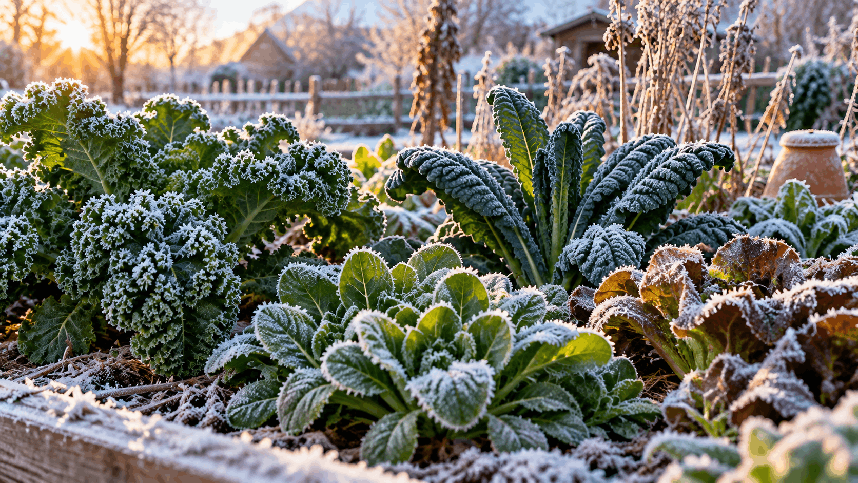 Gemüse anbauen im Dezember — Gemüseblätter mit Raureif im winterlichen Gemüsegarten