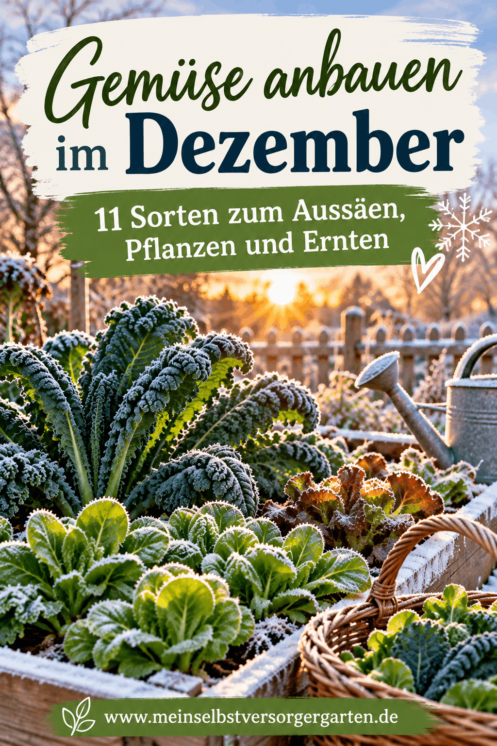 Gemüse anbauen im Dezember — verschiedene Wintergemüse im Beet als Pinterest Motiv