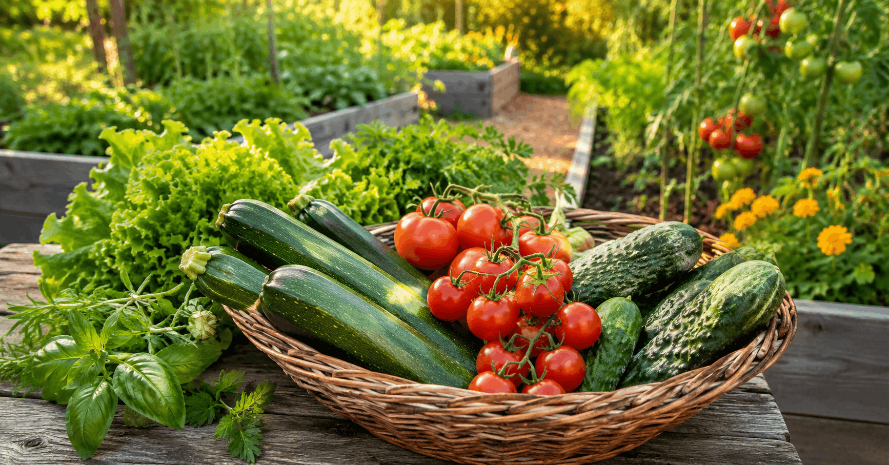 Gemüse anbauen im Juli — frische Zucchini Tomaten und Gurken aus dem Gemüsegarten