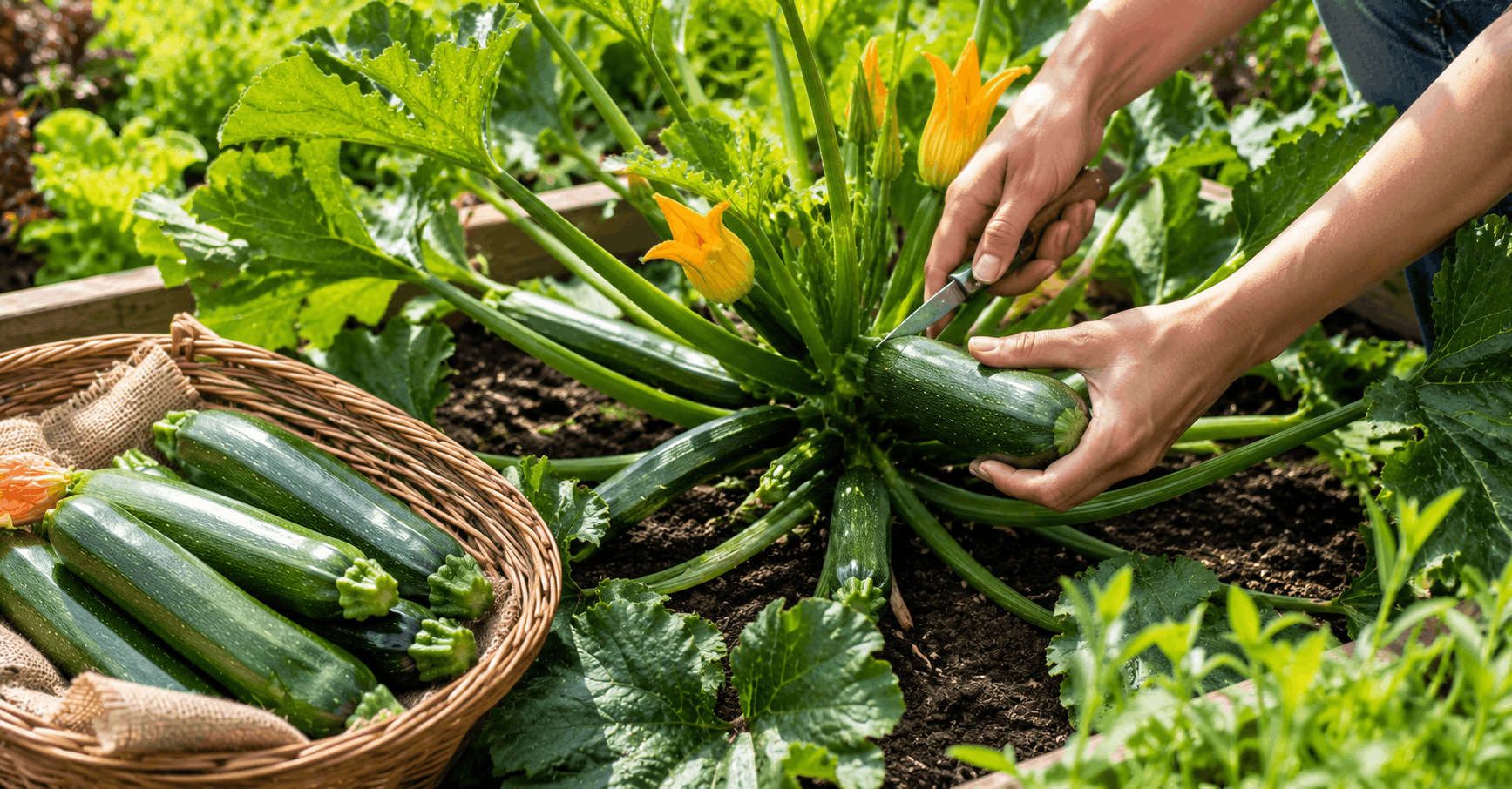 Gemüse anbauen im Juli — junge Zucchini bei der Ernte im sommerlichen Beet