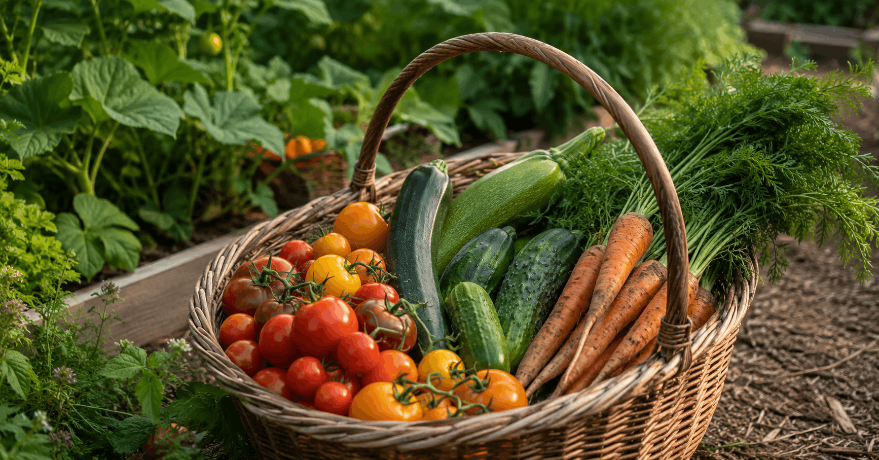 Gemüse ernten — bunter Erntekorb mit Tomaten Zucchini Gurken und Möhren aus dem Garten