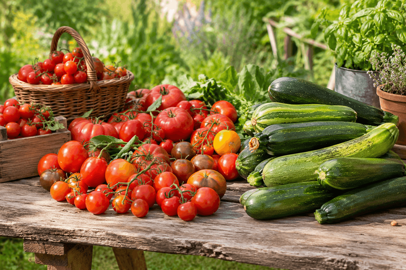 Gemüse ernten — frisch geerntete Tomaten und Zucchini auf einem Gartentisch sortiert