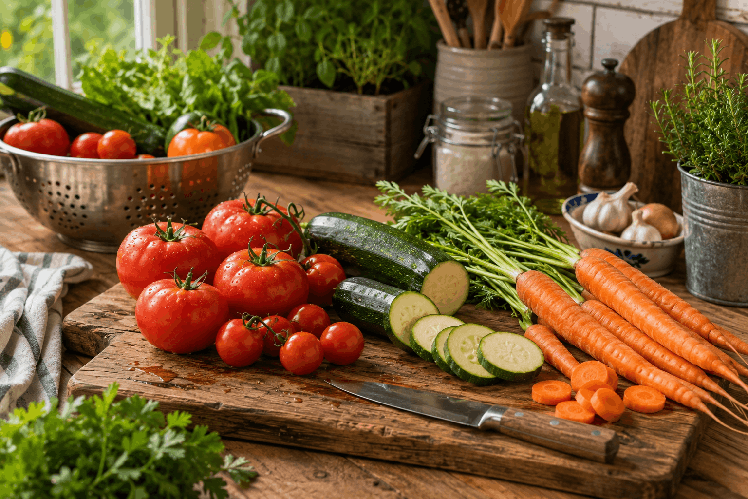 Gemüse ernten — Tomaten Zucchini und Möhren aus dem Garten werden in der Küche vorbereitet