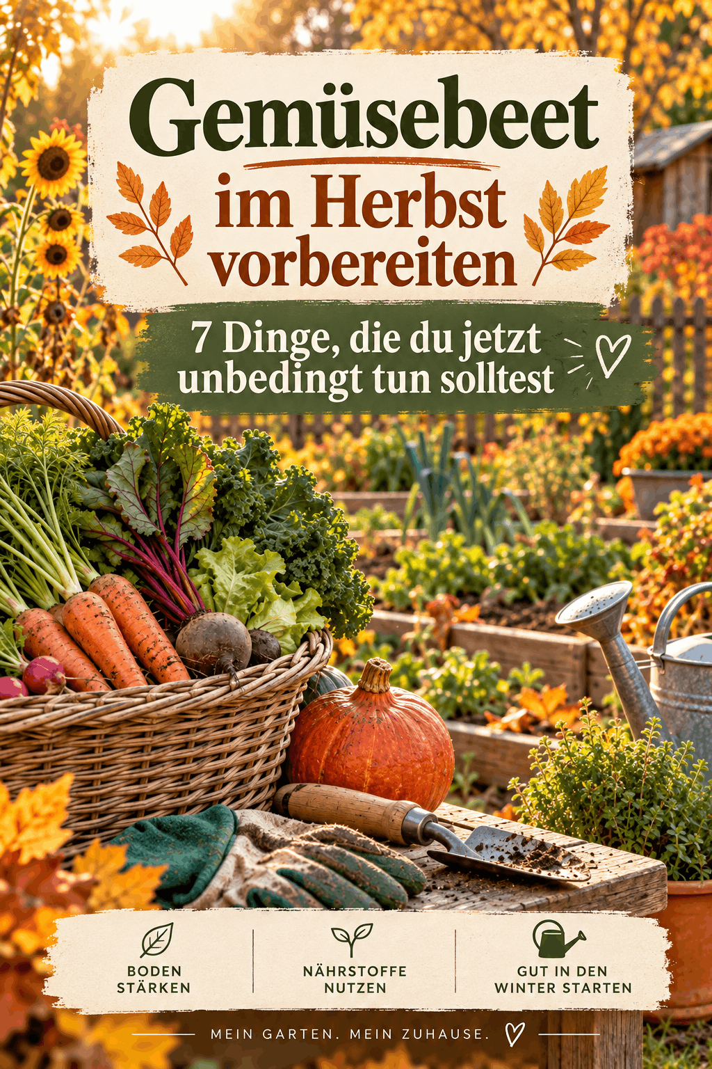 Gemüsebeet im Herbst vorbereiten – herbstliches Gemüsebeet mit geschütztem Boden und Mulch als Pinterest-Motiv