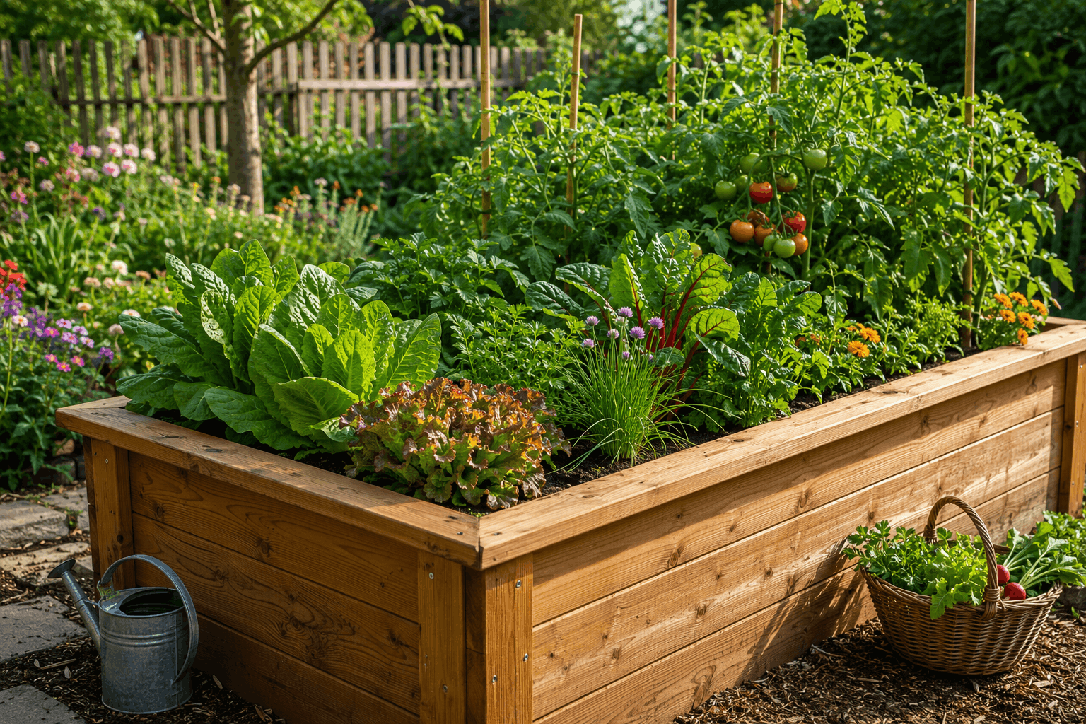 Hochbeet und klassisches Gemüsebeet im direkten Vergleich im Garten