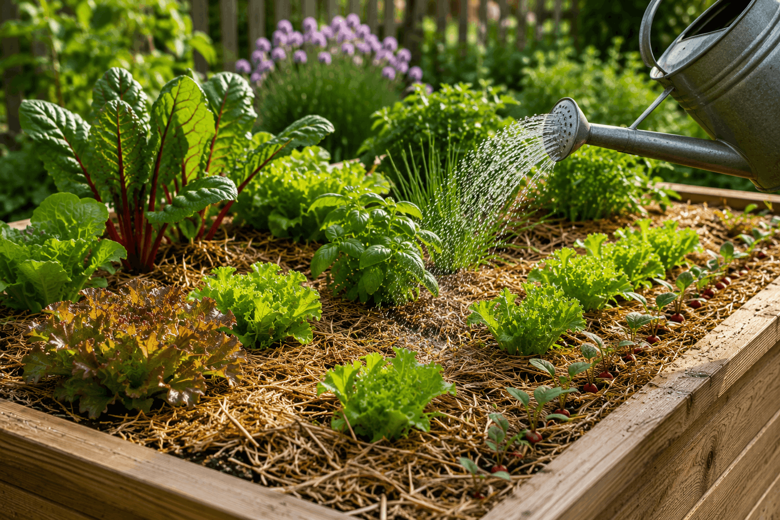 Hochbeet mit Mulchschicht und Bewässerung zwischen Gemüsepflanzen