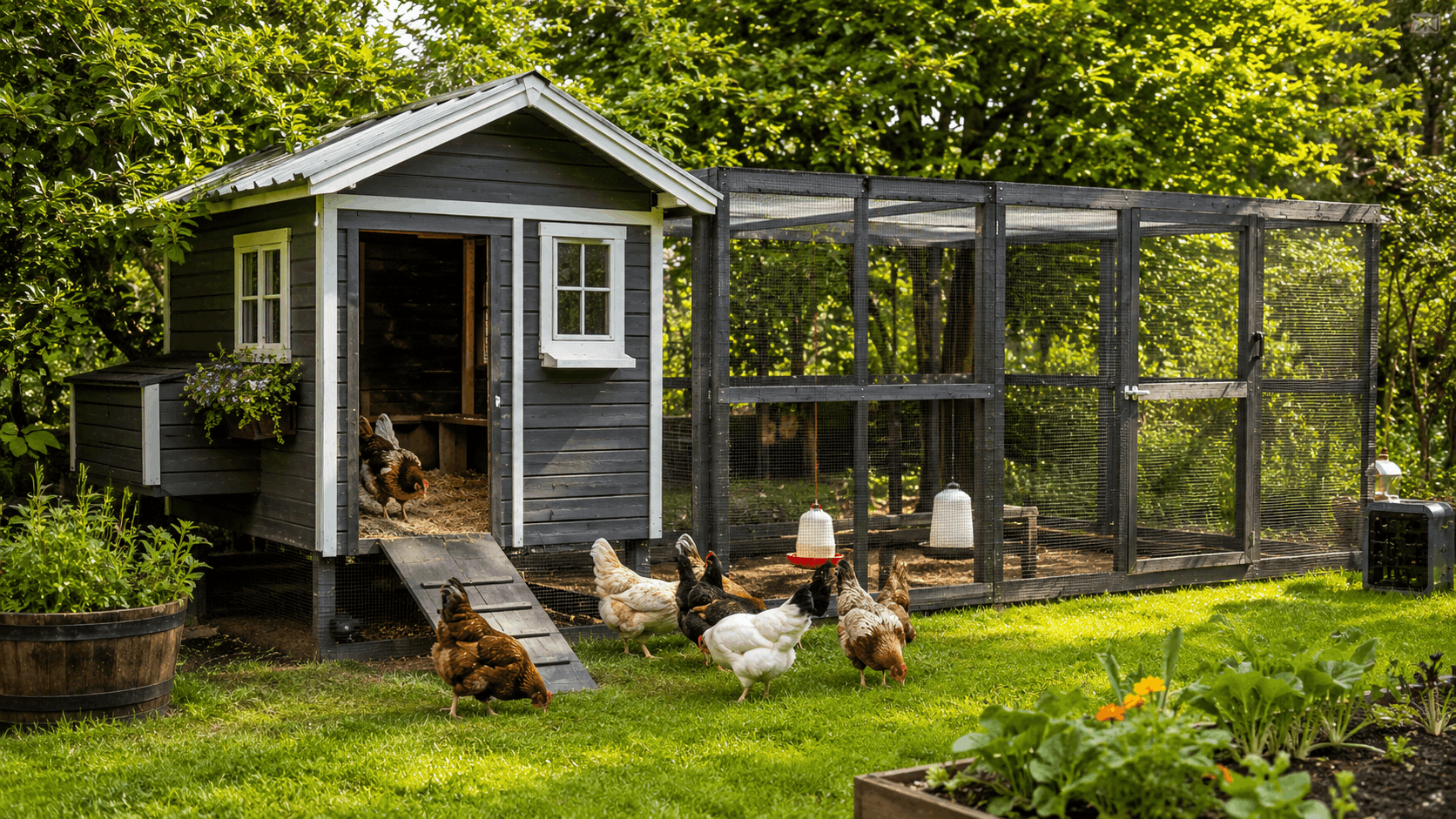 Hühnerhaltung im Garten mit praktischem Hühnerstall und angrenzendem Auslauf