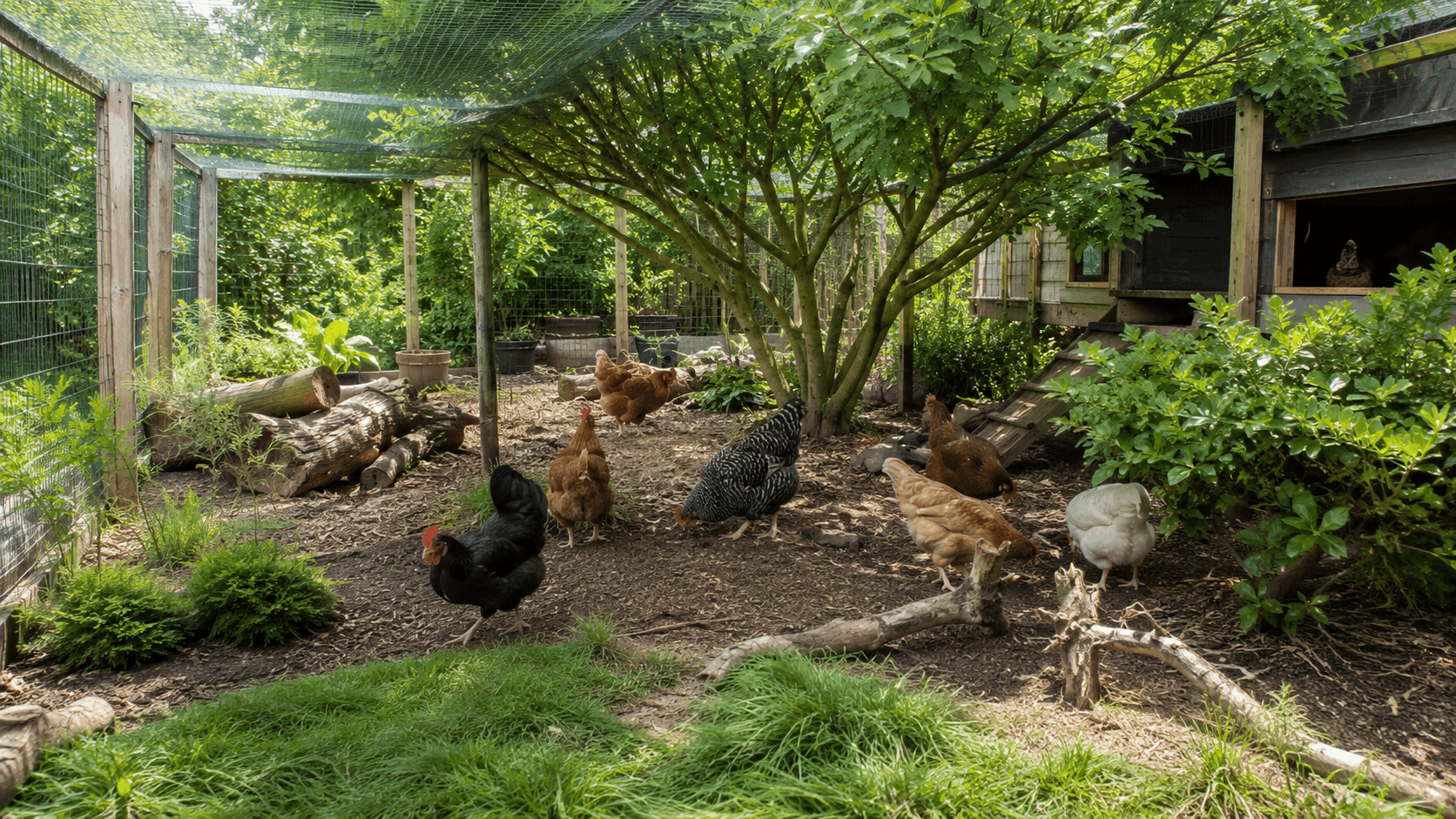 Hühnerhaltung im Garten mit Sträuchern Schattenplätzen und natürlicher Deckung im Auslauf