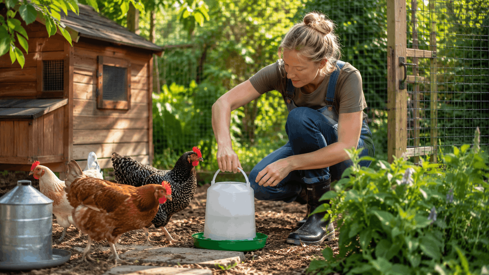 Hühnerhaltung im Garten bei der täglichen Kontrolle von Futter Wasser und Gesundheitszustand