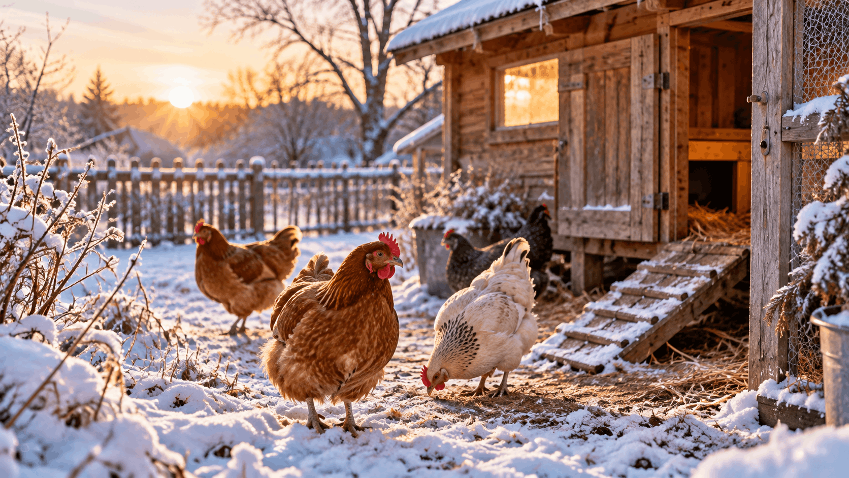 Hühnerstall winterfest machen — Hühner vor einem geschützten Stall an einem kalten Wintermorgen