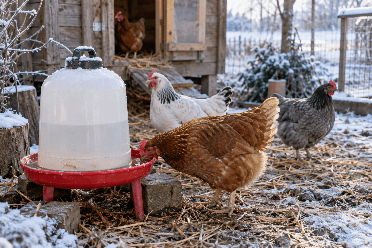 Hühnerstall winterfest machen — Geflügeltränke mit frischem Wasser im winterlichen Hühnerbereich