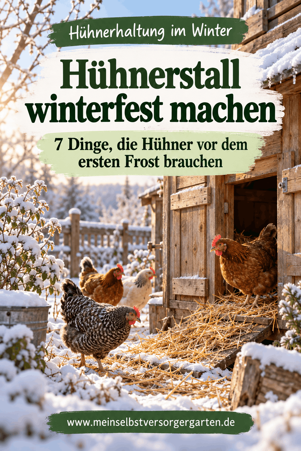 Hühnerstall winterfest machen — Hühner und winterlicher Stall als Pinterest Motiv mit Platz für Text
