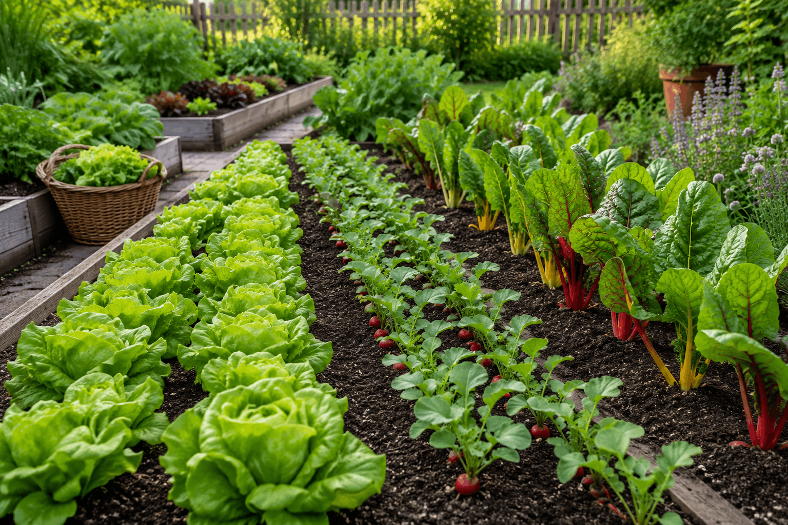 Kleiner Gemüsegarten mit übersichtlich geplanten Reihen aus Salat, Radieschen und Mangold