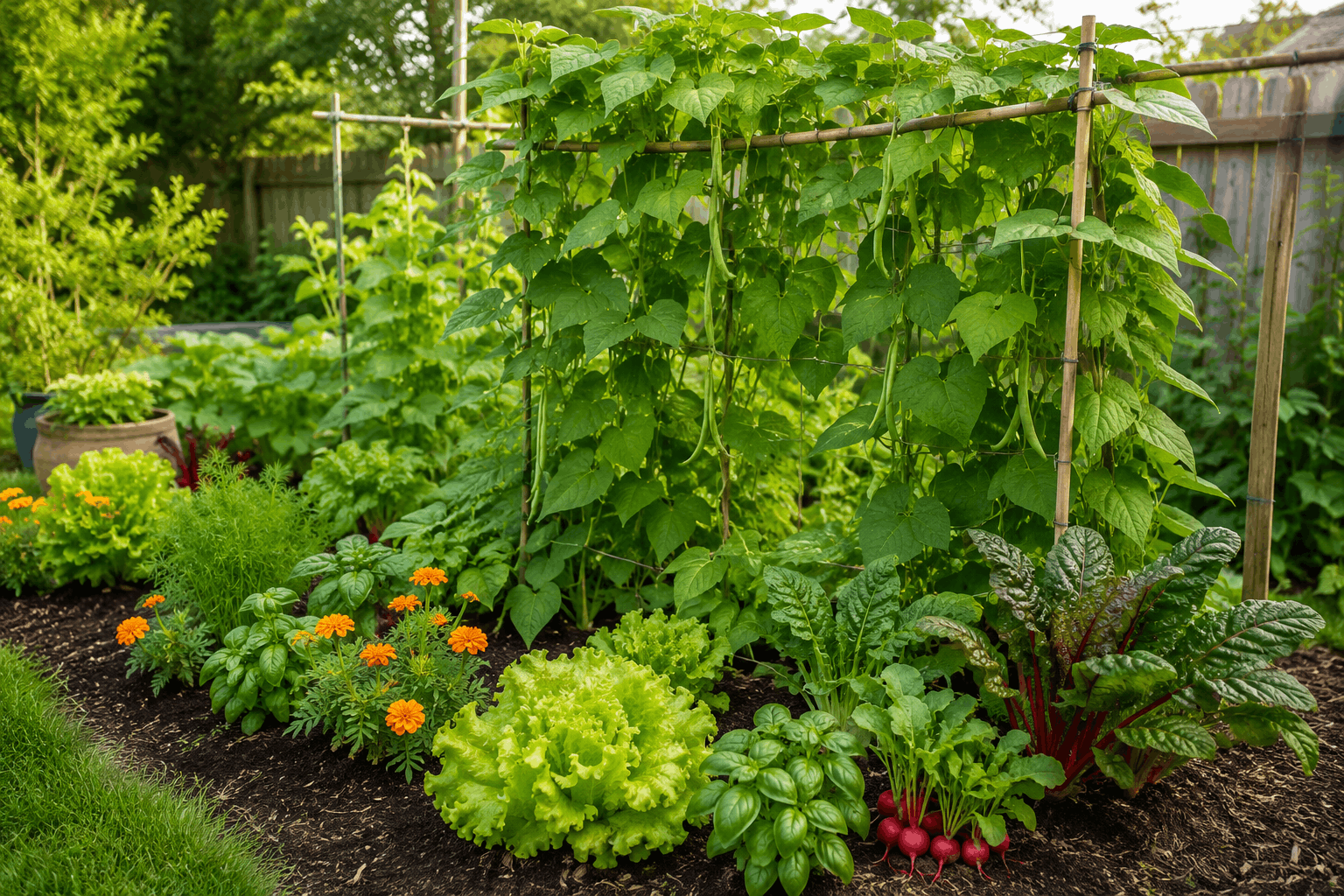 Kleiner Gemüsegarten mit Rankhilfe, Stangenbohnen und niedriger Mischkultur