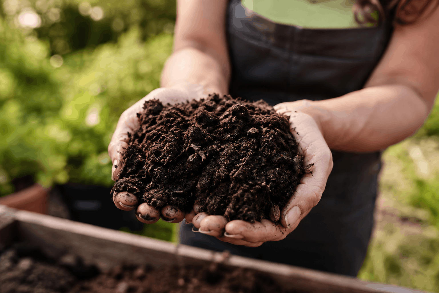 Kompost im Garten – reifer dunkler Kompost in den Händen einer Gärtnerin