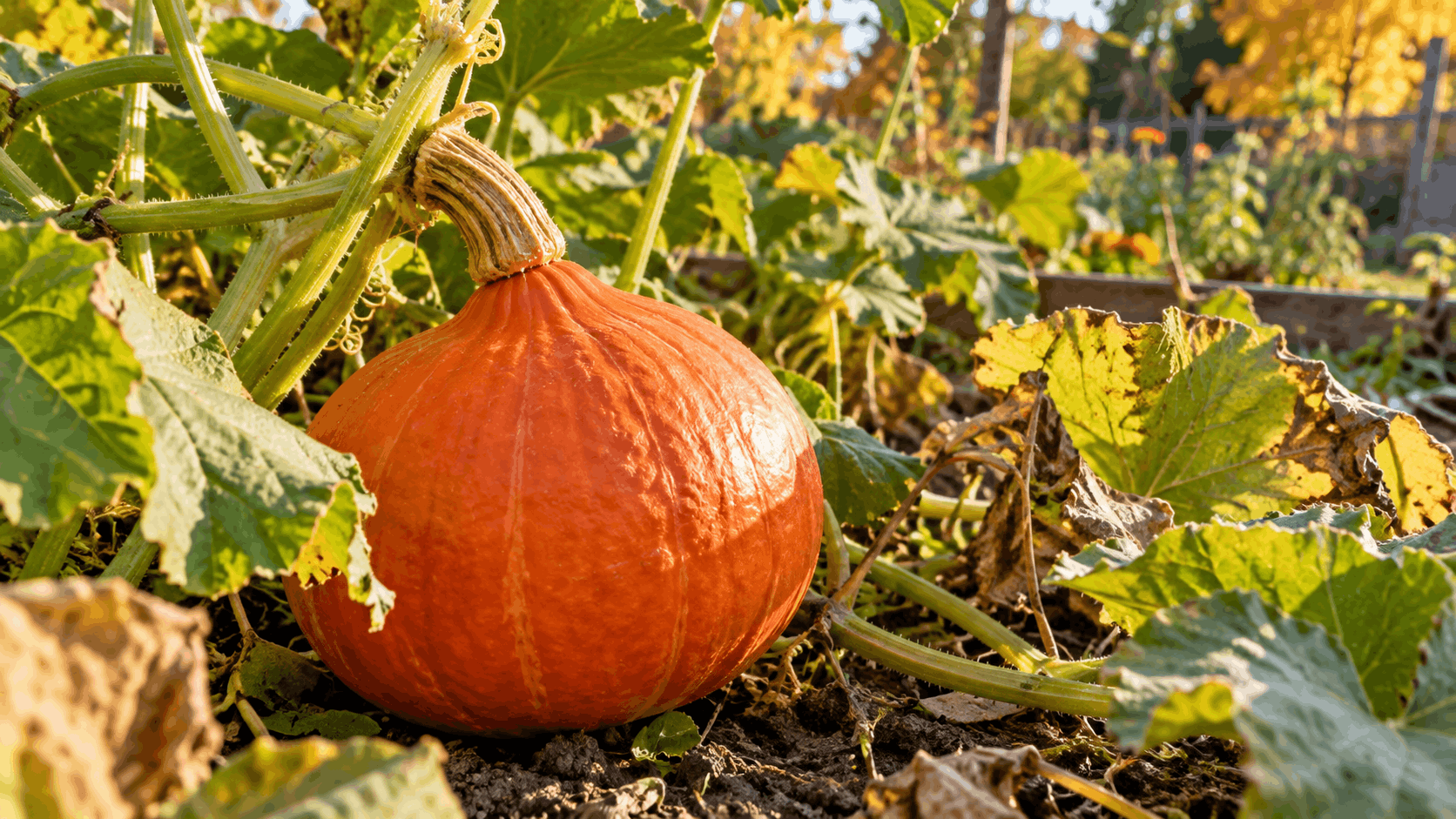 Kürbis ernten – reifer Hokkaido im herbstlichen Gemüsegarten