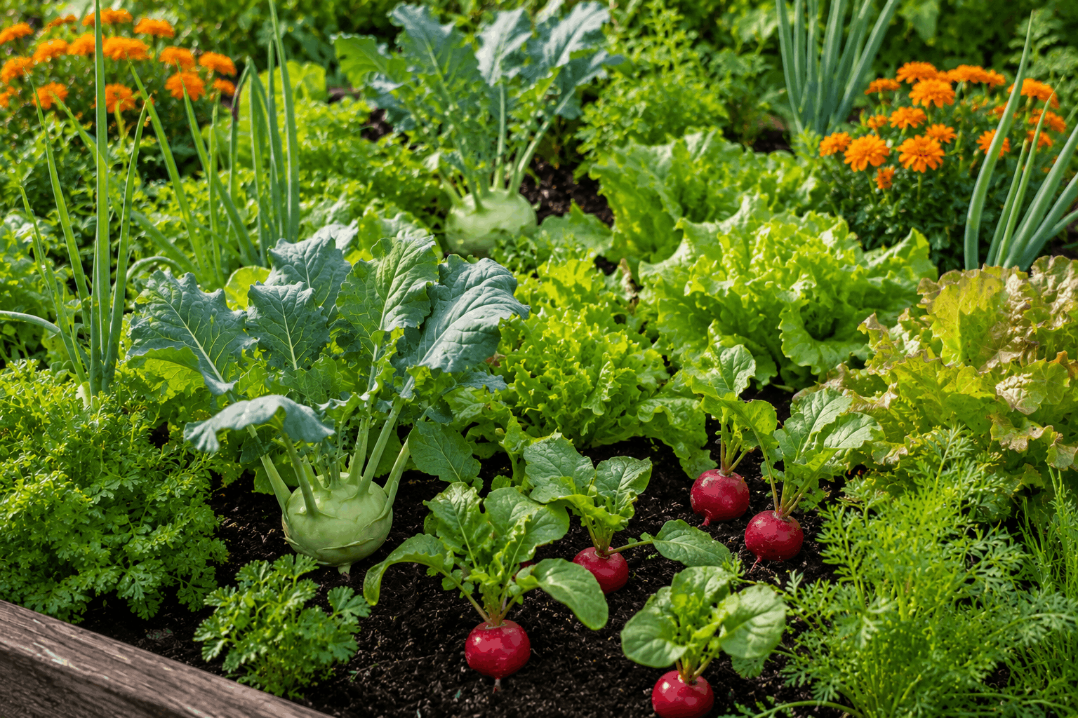 Mischkultur Gemüse Tabelle — Salat Radieschen und Kohlrabi gemeinsam in einem Gemüsebeet